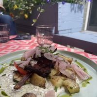 Teriyaki soy skewers with taiziki sauce   at Vegan Restoran V in Tallinn