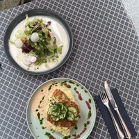 Lasagna and breaded ”chicken"  at Vegan Restoran V in Tallinn