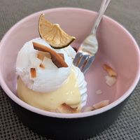 Lime pavlova with coconut ice-cream. at Vegan Restoran V in Tallinn