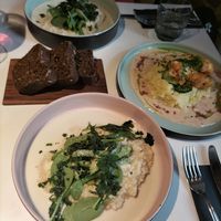 Lemon risotto, "chicken" with mashed potato at Vegan Restoran V in Tallinn