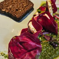 Beetroot Ravioli + Estonian Bread at Vegan Restoran V in Tallinn