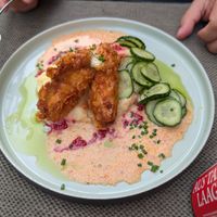 Breaded chicken with mash potatoes at Vegan Restoran V in Tallinn