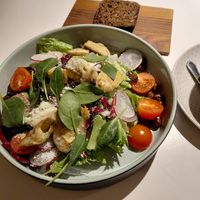 Artichoke salad with vegan parm at Vegan Restoran V in Tallinn
