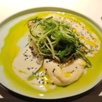 Mati's fishless fillet with cauliflower-cele- riac puree, warm vegetable salad, white wine sauce and wakame-cucumber salad at Vegan Restoran V in Tallinn