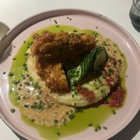 Fried „chicken“ made of mushroom stems with mashed potatoes  at Vegan Restoran V in Tallinn