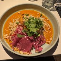 Korean-style Mati's chickenless fillet
(with rice noodles and shiitake–coconut sauce)  at Vegan Restoran V in Tallinn