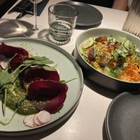 Beetroot ravioli and cold noodle appetizer   at Vegan Restoran V in Tallinn