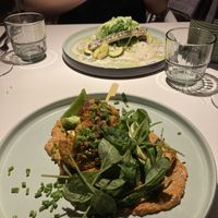 Spicy soy skewers (front) and fishless filet (back)  at Vegan Restoran V in Tallinn