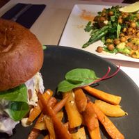 Spicy chickpea & sweet potato - Oven roasted pepper, walnut & chickpea burger at Vegan Restoran V in Tallinn
