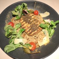 Barley risotto with tofu and vegan cheese. at Vegan Restoran V in Tallinn