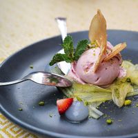 Strawberry ice cream and rhubarb  at Vegan Restoran V in Tallinn