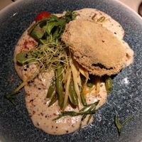 Celeriac 'seafood' steak on cauliflower pear puree. at Vegan Restoran V in Tallinn