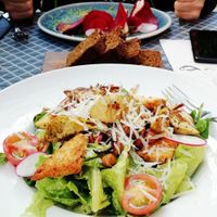 Red Beet Ravioli and Caesar Salad at Vegan Restoran V in Tallinn