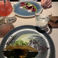 Seafood plate & beetroot ravioli with cream cheese  at Vegan Restoran V in Tallinn