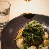 "Fish cutlet“ with smoky carrot cream, cauliflower sunroot puree and warm salad at Vegan Restoran V in Tallinn