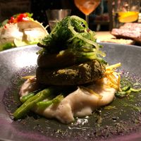 Fish cutlet“ with smoky carrot cream, cauliflower sunroot puree and warm salad at Vegan Restoran V in Tallinn