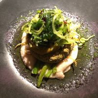 Fish cutlet“ with smoky carrot cream, cauliflower sunroot puree and warm salad at Vegan Restoran V in Tallinn