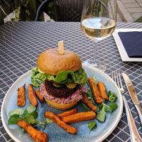 Chickpea and beetroot burger at Vegan Restoran V in Tallinn