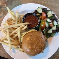 Vegan burger and fries  at Edinborg Bistro in ísafjarðarbær