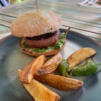 Heura burger with blue cheese. I would it another one for sure. at Temple Natura in Mallorca