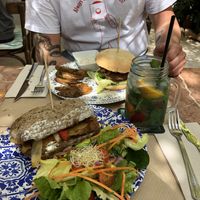 seitan nugget sandwich (and the blue cheese burger in the back)  at Temple Natura in Mallorca
