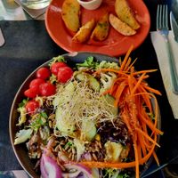 Lentil salad with potato wedges. at Temple Natura in Mallorca