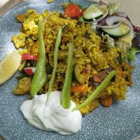 Chef’s special dish, paella. at Temple Natura in Mallorca
