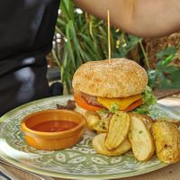 Savory burger and well cooked roasted potatoes at Temple Natura in Mallorca