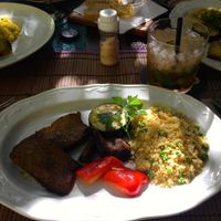 Our meals (saitan, vegetables, couscous) at Temple Natura in Mallorca
