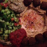 Mediterranean platter: hommus, felafel, cabbage, salsa, pickles, tabouli, sauerkraut with pita. at Orgasmic in Byron Bay