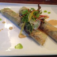 Leek cannelloni with curried orange israeli cous cous and miso dressing. at Vivo Bar and Grill in Palm Cove