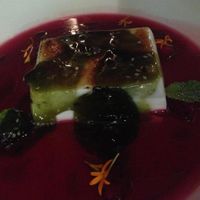 Palm sugar caramelised tofu brulee with dragon fruit consomme and pandan/sesame tuile. at Vivo Bar and Grill in Palm Cove