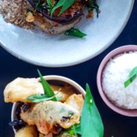 Sichuan Eggplant with Yellow Bean Paste served with Rice & Fried Zucchini with Black Vinegar Caramel at Nu Nu in Palm Cove