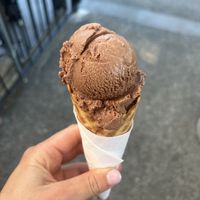 Vegan chocolate coconut ice cream on vegan waffle cone    at Love's Ice Cream in Cumberland