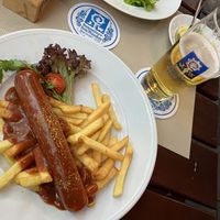 Vegan curry sausage and a lager  at Augustiner Klosterwirt in Bayern