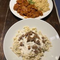 Seitan stew and Csusza  at Kozmosz Vegan Etterem in Budapest