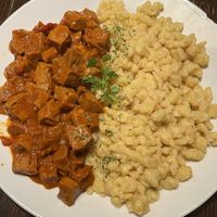 Seitan stew with nokedli   at Kozmosz Vegan Etterem in Budapest