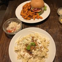 Pasta and bean burger  at Kozmosz Vegan Etterem in Budapest
