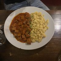 Seitan stew with nokedli   at Kozmosz Vegan Etterem in Budapest