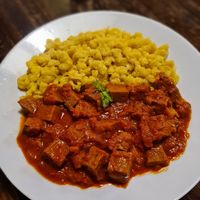 Veganes Gulasch at Kozmosz Vegan Etterem in Budapest