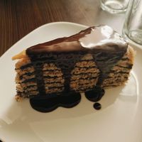 Poppyseed, walnut, apricot, chocolate layered pancakes at Kozmosz Vegan Etterem in Budapest