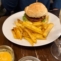 Bean burger with GF bun at Kozmosz Vegan Etterem in Budapest