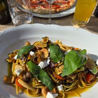 Vegan pasta with mushrooms, squash, tomato and cheese. at La Bottega in Lulea