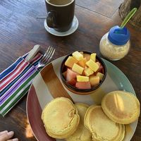 Veganised pancakes (ask for plant milk, no honey, no granola, no yoghurt) and Guatemalan coffee   at Mayachik in San Juan La Laguna