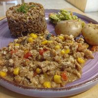 Menú del día: arroz oriental con raíces chinas, guisado de tofu, carne, maíz y tomate y papas saladas con guacamole... Delicioso! at La Ruda Casa Cultural in Bogota