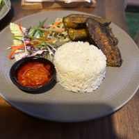 Grilled eggplant with Balinese seasoning, vegetables and steamed rice at Leker Life in Ubud