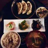 Set menu. Yakigyoza, 4 side dishes, medium rice. Around 1600 yen. at Komenoko in Tokyo