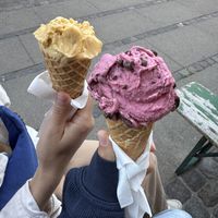 Both vegan icecreams - mango and raspberry   at Isoteket Stefansgade in Copenhagen