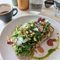 Smashed avo - best I've ever had! Hot maple with chilli, daikon, sesame at Starfish & Coffee - Coffee, Brunch, Pizza in England