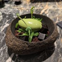 Chocolate brownie with pea sorbet at Vaust Bar & Restaurant in Berlin